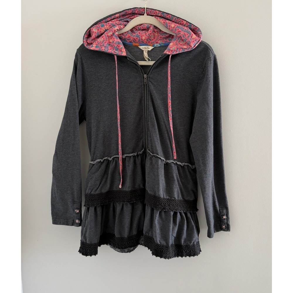 Matilda Jane Womens Gray Tiered Ruffle Zip Up Hoodie Floral Lace Trim Medium